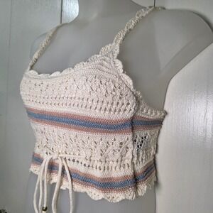 Crochet Crop Top M Stripes Drawstring Beachy Coastal Boho Festival Indie Beach